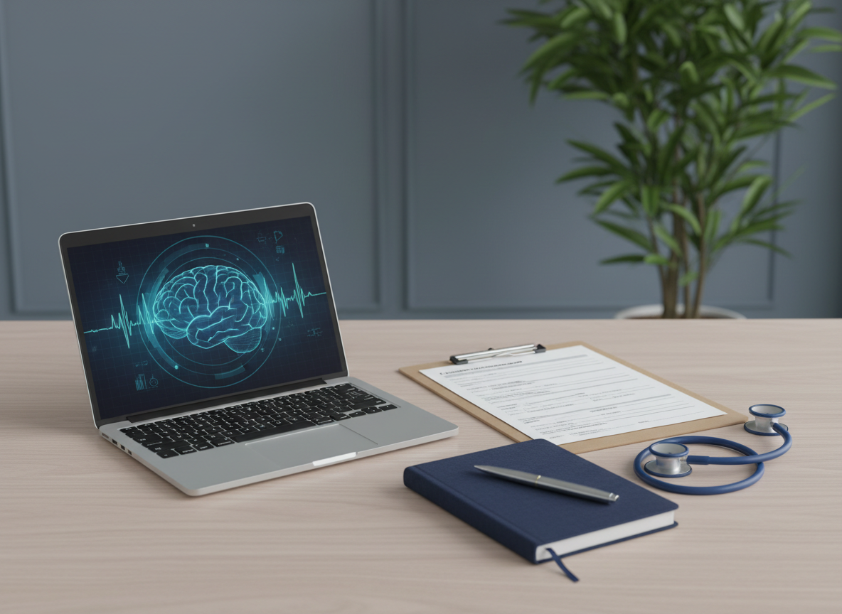 A minimalist, professional psychologist’s desk setup tailored for child and adolescent psychiatry, with a slim silver laptop displaying an anonymized brainwave graphic, a hardcover notebook with a navy fabric cover, and a sleek pen resting diagonally. Beside them lies a clipboard with a partially visible structured assessment form and a discrete stethoscope to suggest medical rigor. The desk surface is smooth light ash wood, contrasted against a softly blurred background of muted blue-gray walls and an indoor plant adding a touch of green. Soft studio-style lighting from the left casts clean, gentle shadows, emphasizing order and clarity. Photographic realism, centered composition with sharp focus on the objects, conveys professionalism, precision, and trustworthiness for an expert child psychiatrist’s website.
