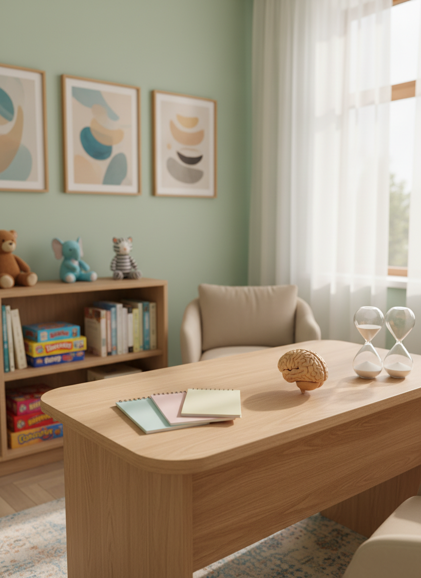 A warmly lit pediatric psychiatrist’s consultation room designed for children and adolescents, with a light oak desk neatly arranged with pastel-colored notebooks, a small model brain, and a calming sand timer. Soft mint-green walls are accented by framed abstract art in soothing blues and beiges. A bookshelf holds neatly organized psychology books alongside colorful board games and plush animal toys. Natural afternoon light filters through sheer white curtains, creating gentle, comforting shadows. Photographic realism, eye-level composition, with a shallow depth of field that keeps the desk in crisp focus while the background softly blurs, evoking a professional yet reassuring atmosphere, ideal for a child psychiatry clinic website hero image.