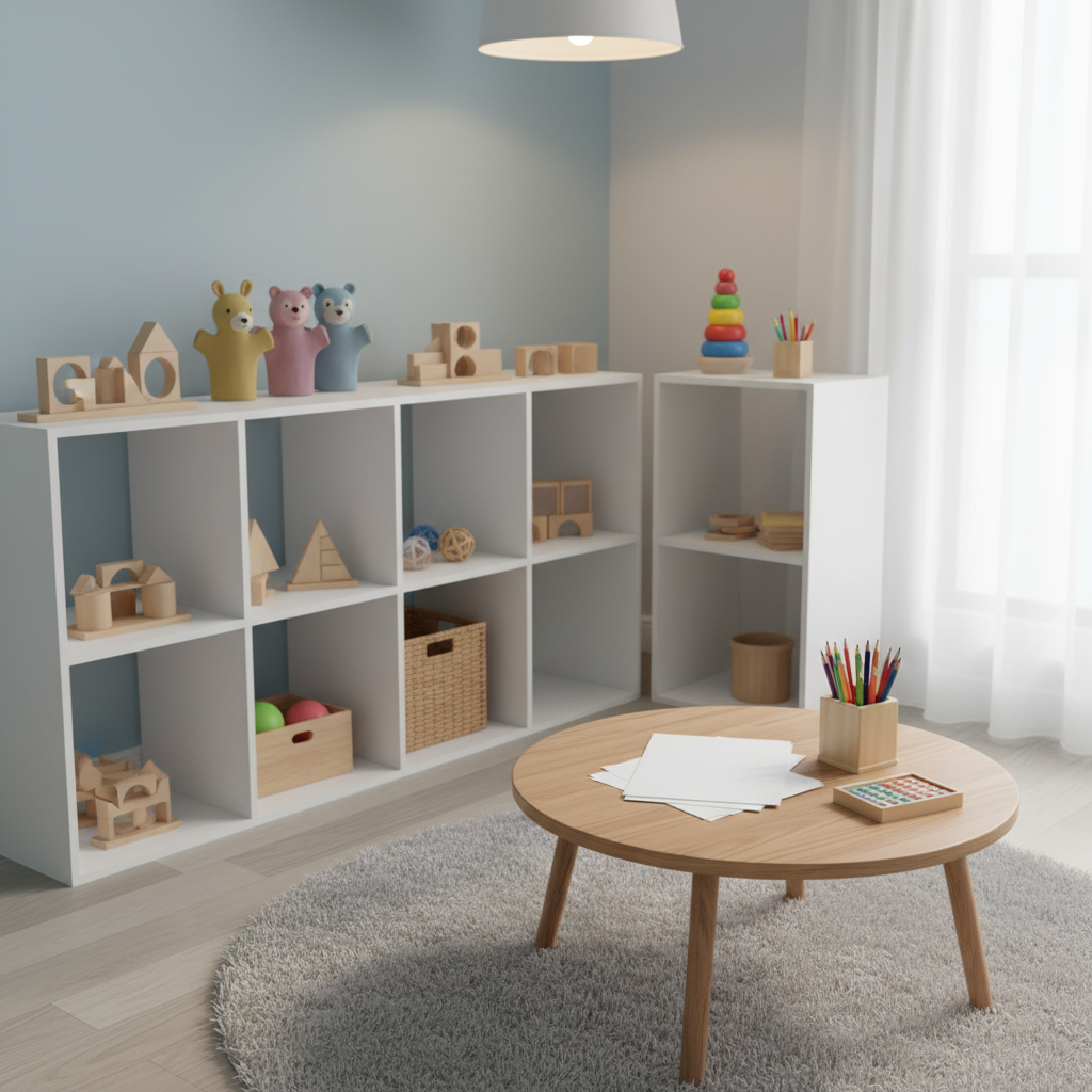 A tidy, inviting play therapy corner in a child psychiatry clinic, featuring open white shelving with carefully arranged wooden blocks, puzzles, hand puppets, and sensory toys in soft, non-overstimulating colors. A round, low wooden table holds art supplies: neatly stacked drawing paper, a small caddy of colored pencils, and a box of modeling clay. The floor is covered with a plush, light gray rug that softens the space. Soft overhead lighting combines with diffused daylight from a nearby window, producing a serene glow. Photographic realism from a slightly elevated angle uses the rule of thirds to frame the shelves and table, creating a calm, structured, and therapeutic mood that highlights the tools used in child and adolescent psychiatry sessions.