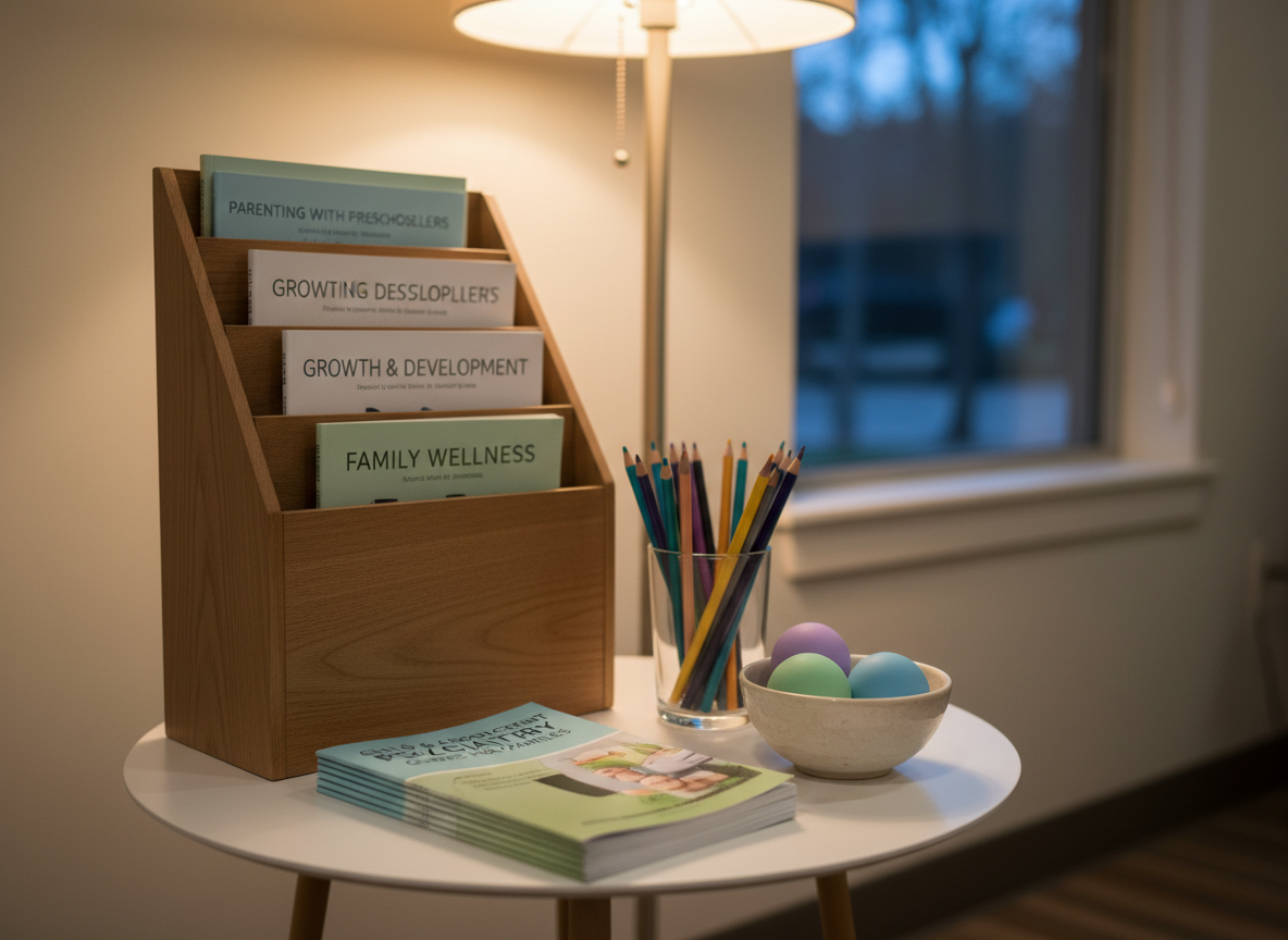 A carefully arranged mental health resource display in a waiting area, featuring a small white side table holding a stack of neatly aligned brochures on child and adolescent psychiatry, a subtle pastel-colored stress ball set in a small ceramic bowl, and a glass of sharpened colored pencils in calming hues. Behind the table, a vertical wooden magazine rack holds clean, uncreased magazines about parenting and child development. Warm, indirect floor lamp lighting combines with soft evening ambient light, creating an inviting glow and gentle shadows. Photographic realism, shot at an eye-level, three-quarter angle with moderate depth of field, keeps both table and rack clearly visible. The scene feels calm, informative, and supportive, designed to reassure families seeking psychiatric help for their children.